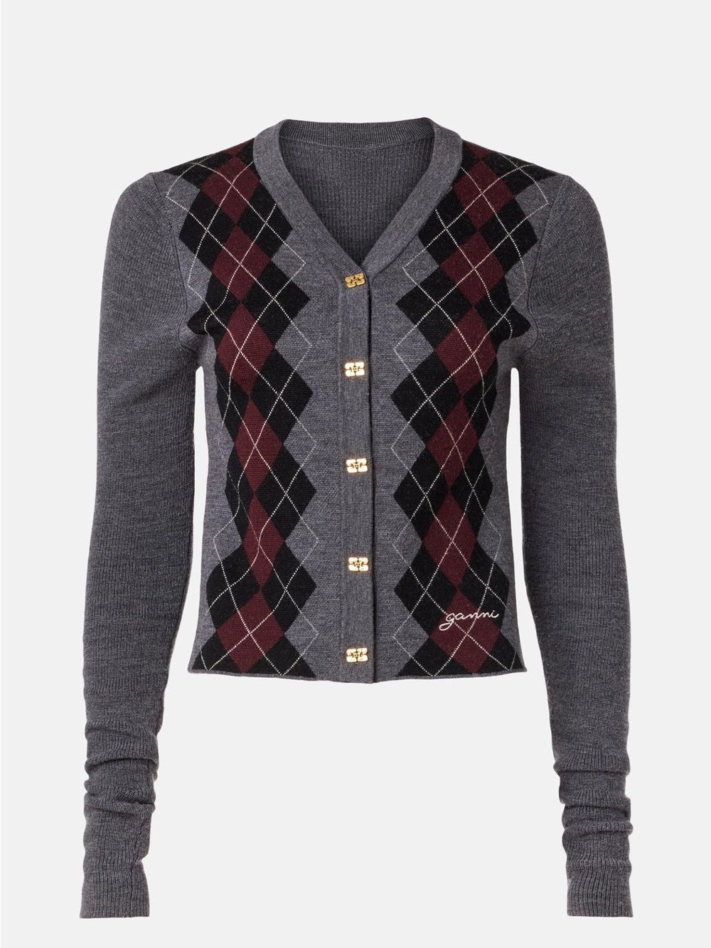 Ganni Fine Merino Jacquard Cardigan Grey Burgundy Argyle Logo Button Sz XL